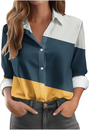 Womens Button Down Casual Shirts Color Block Striped Blouse Tops Long Sleeve Collar Shirt Dressy Work Outfits Clothing