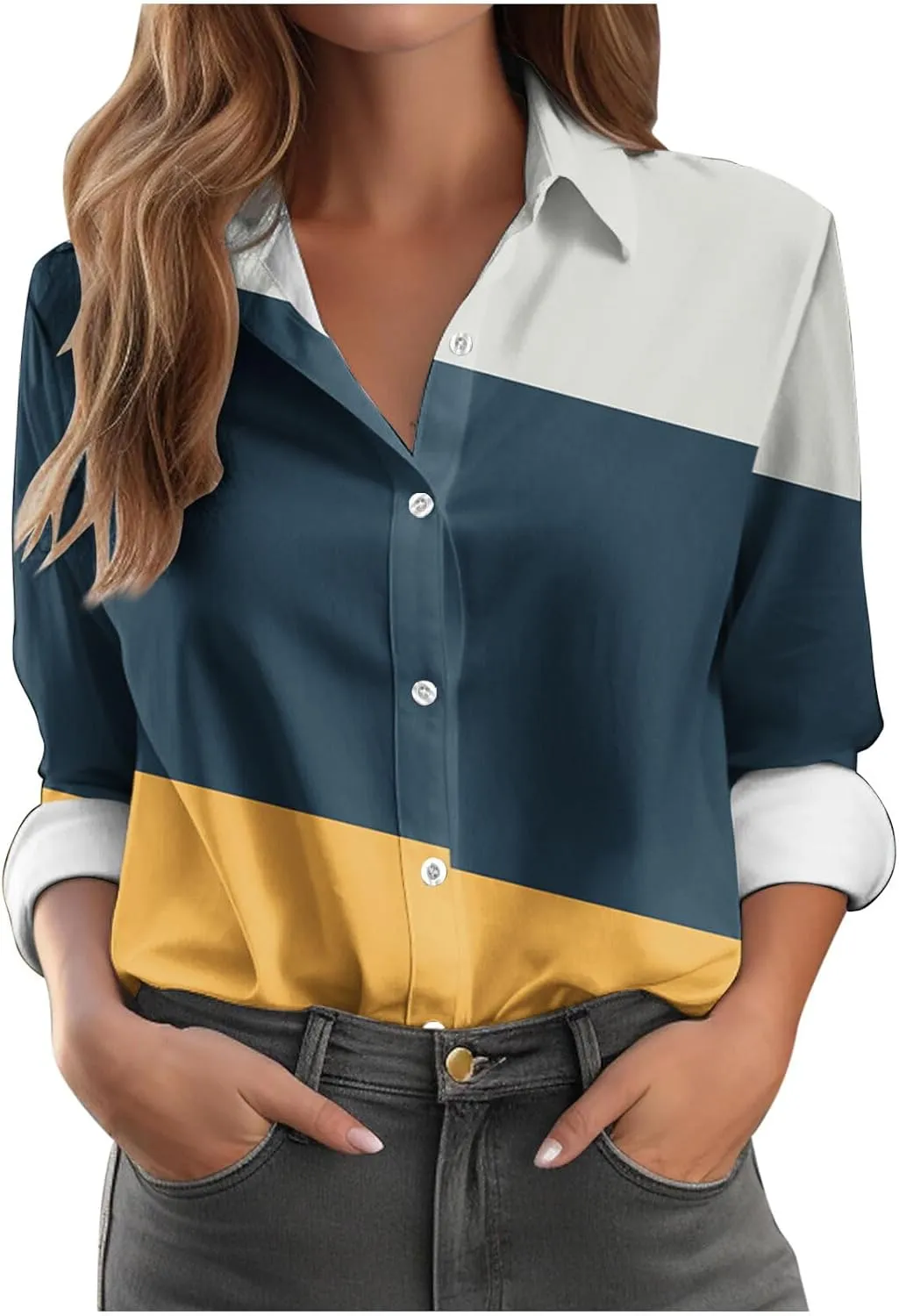 Womens Button Down Casual Shirts Color Block Striped Blouse Tops Long Sleeve Collar Shirt Dressy Work Outfits Clothing