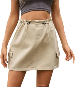 Womens Cargo Skirt Drawstring Elastic Waist Denim Skirt 2025 Summer Casual Mini Skirts Y2K Jean Skirt with Pockets