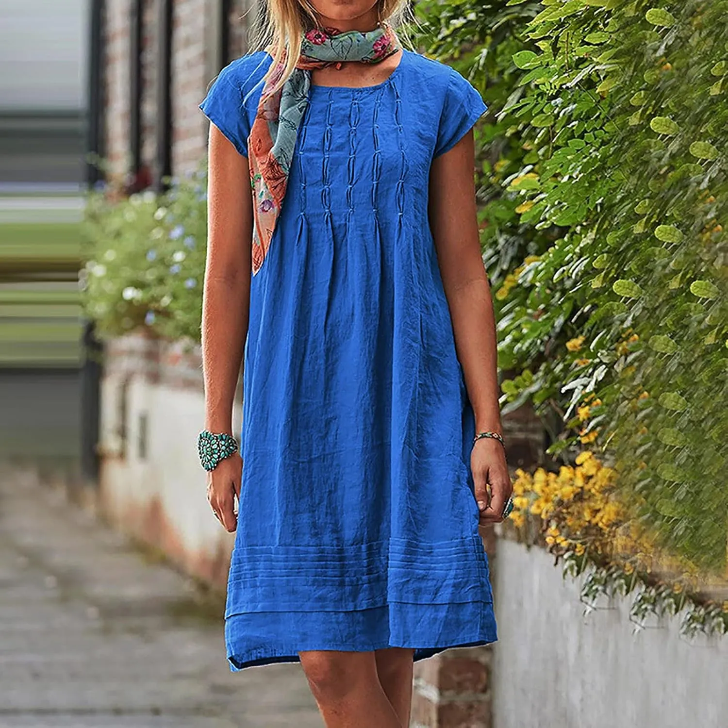 Womens Cotton Linen Dresses Short Sleeve Crew Neck Shift Dress Loose Ruched Solid Color Knee Length Beach Sundress
