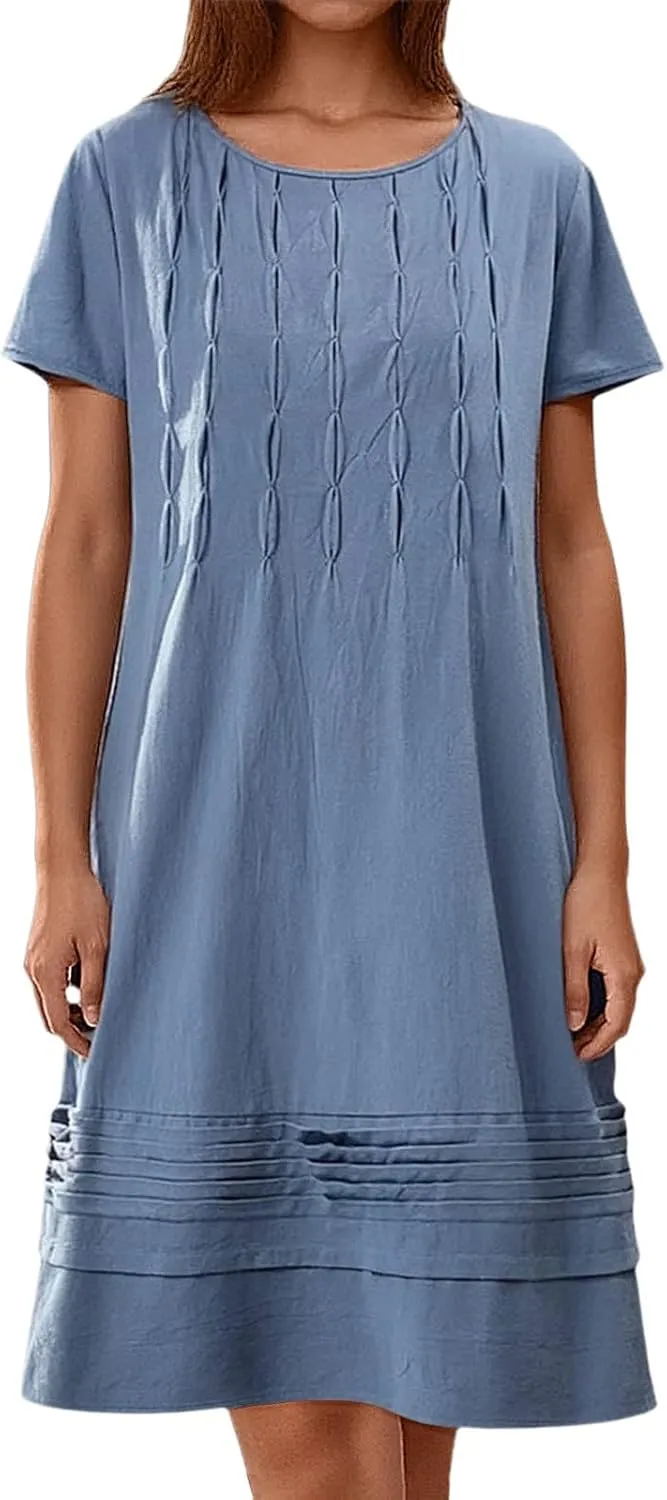 Women's Cotton Linen Midi Dress Plus Size Cap Sleeve Pleated Summer Dresses Vacation 2025 Crew Neck Casual Dress for Women