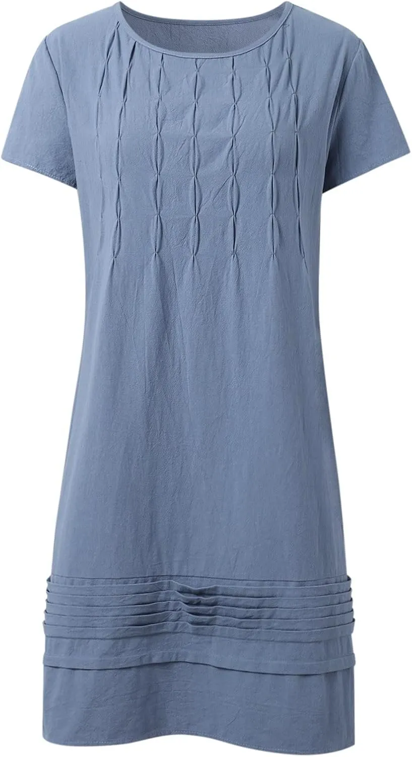 Women's Cotton Linen Midi Dress Plus Size Cap Sleeve Pleated Summer Dresses Vacation 2025 Crew Neck Casual Dress for Women