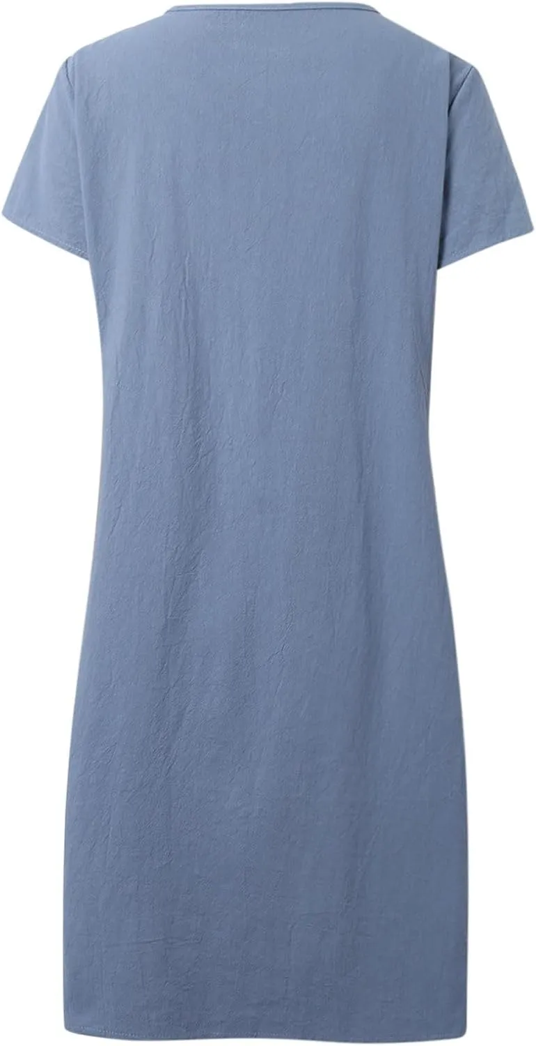Women's Cotton Linen Midi Dress Plus Size Cap Sleeve Pleated Summer Dresses Vacation 2025 Crew Neck Casual Dress for Women