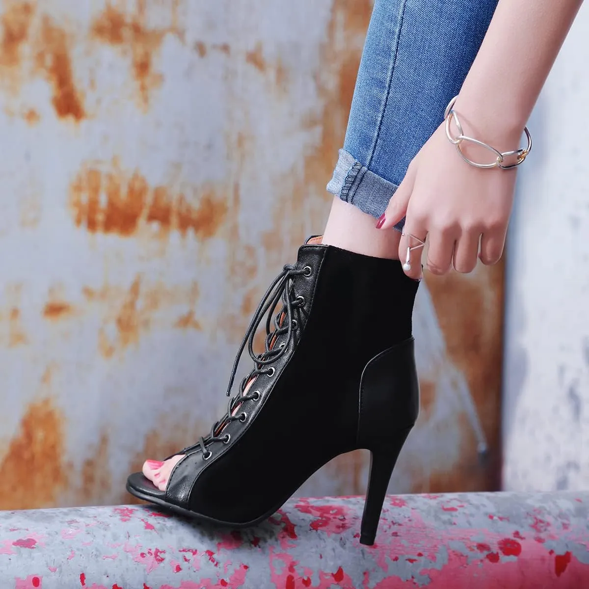 Women's Dance Heels Fashion Summer Peep Toe Ankle Boots Lace Up Pumps Party Shoes Ladies Stiletto Sandals Dancing Shoes
