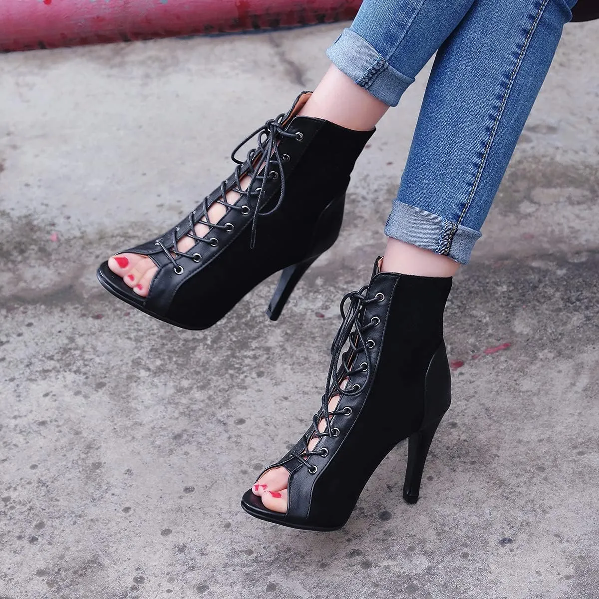 Women's Dance Heels Fashion Summer Peep Toe Ankle Boots Lace Up Pumps Party Shoes Ladies Stiletto Sandals Dancing Shoes