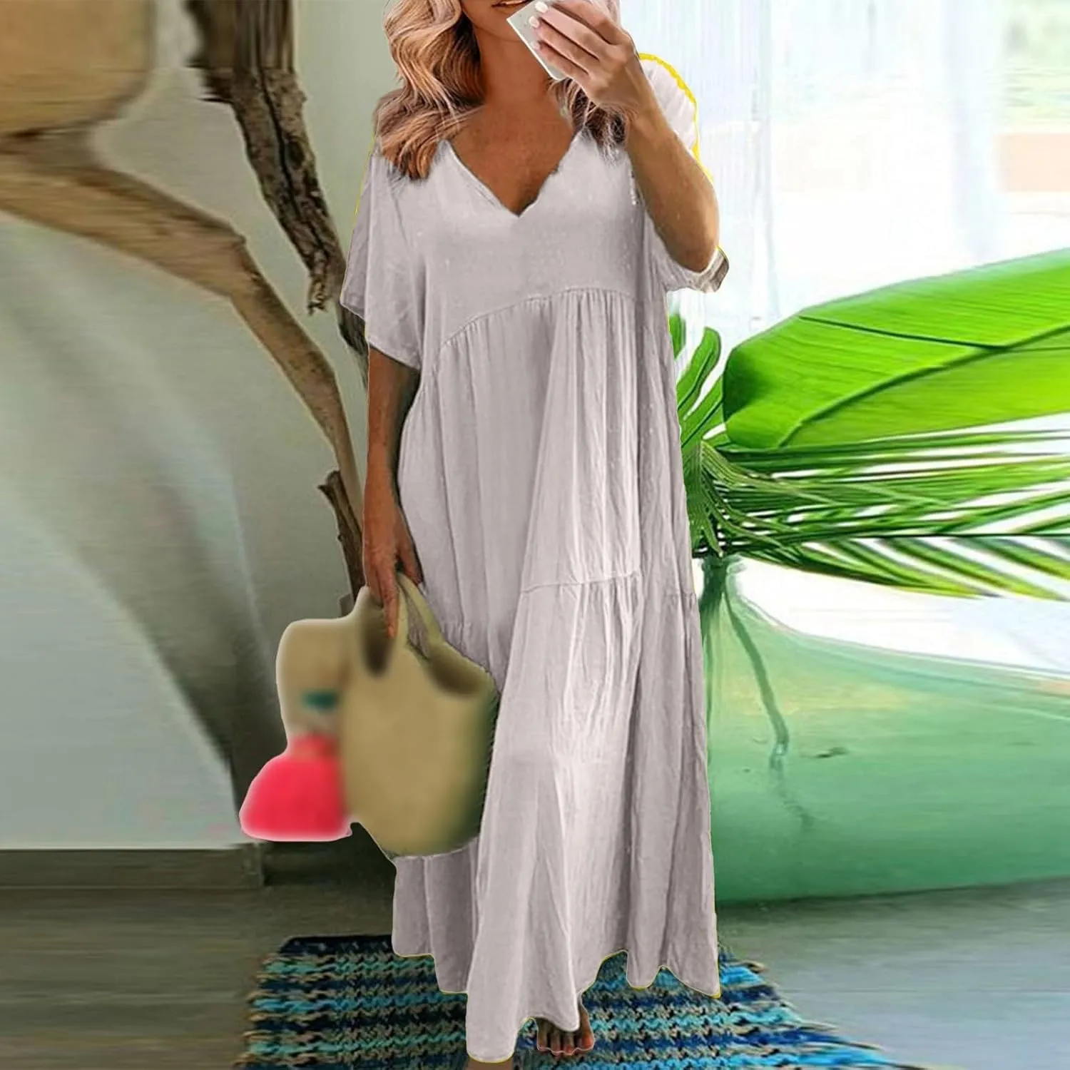 Women's Dresses Plus Size V Neck Short Sleeve Maxi Dress Loose Fit Floor Maxi Dress Ruffle Flowy Swing Sundress 2025