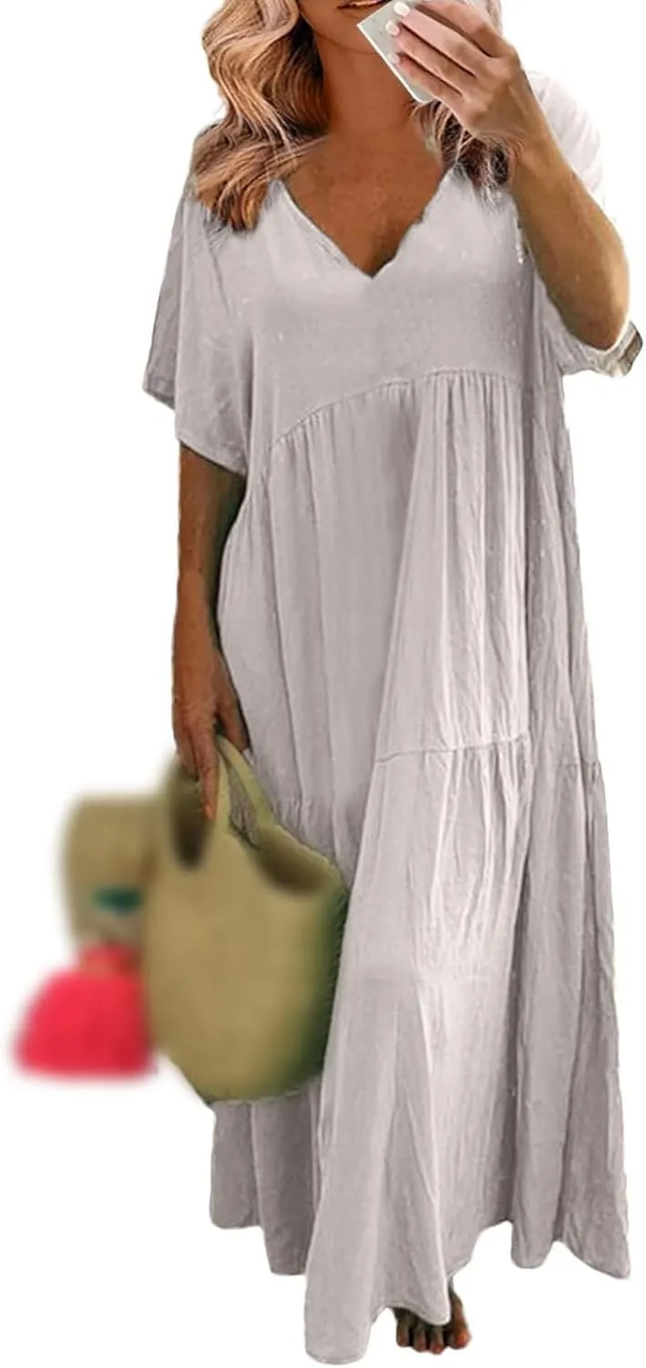 Women's Dresses Plus Size V Neck Short Sleeve Maxi Dress Loose Fit Floor Maxi Dress Ruffle Flowy Swing Sundress 2025