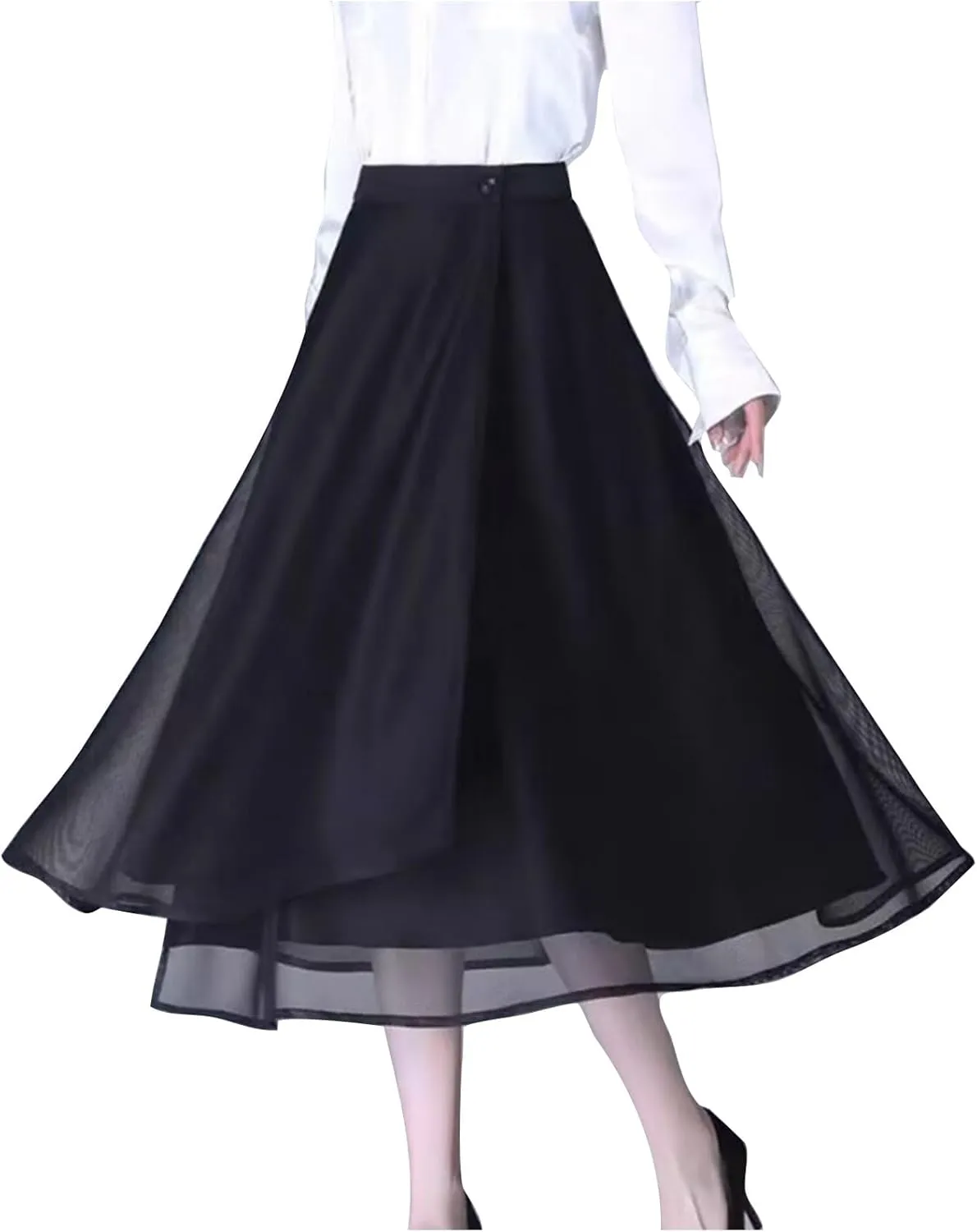 Women's Elegant Work Wear Wrap Skirt Casual High Waisted Button Midi Skirts Vintage A line Double Layered Mesh Skirt