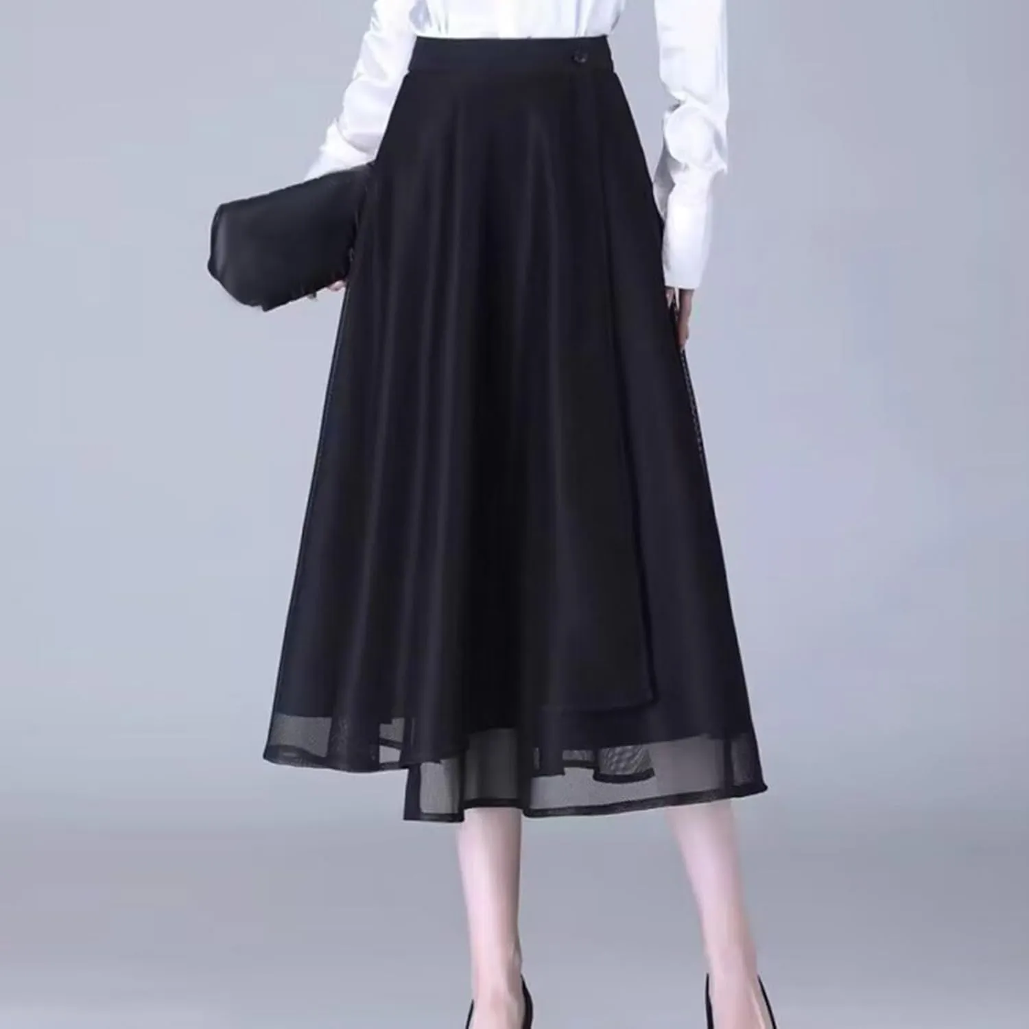Women's Elegant Work Wear Wrap Skirt Casual High Waisted Button Midi Skirts Vintage A line Double Layered Mesh Skirt