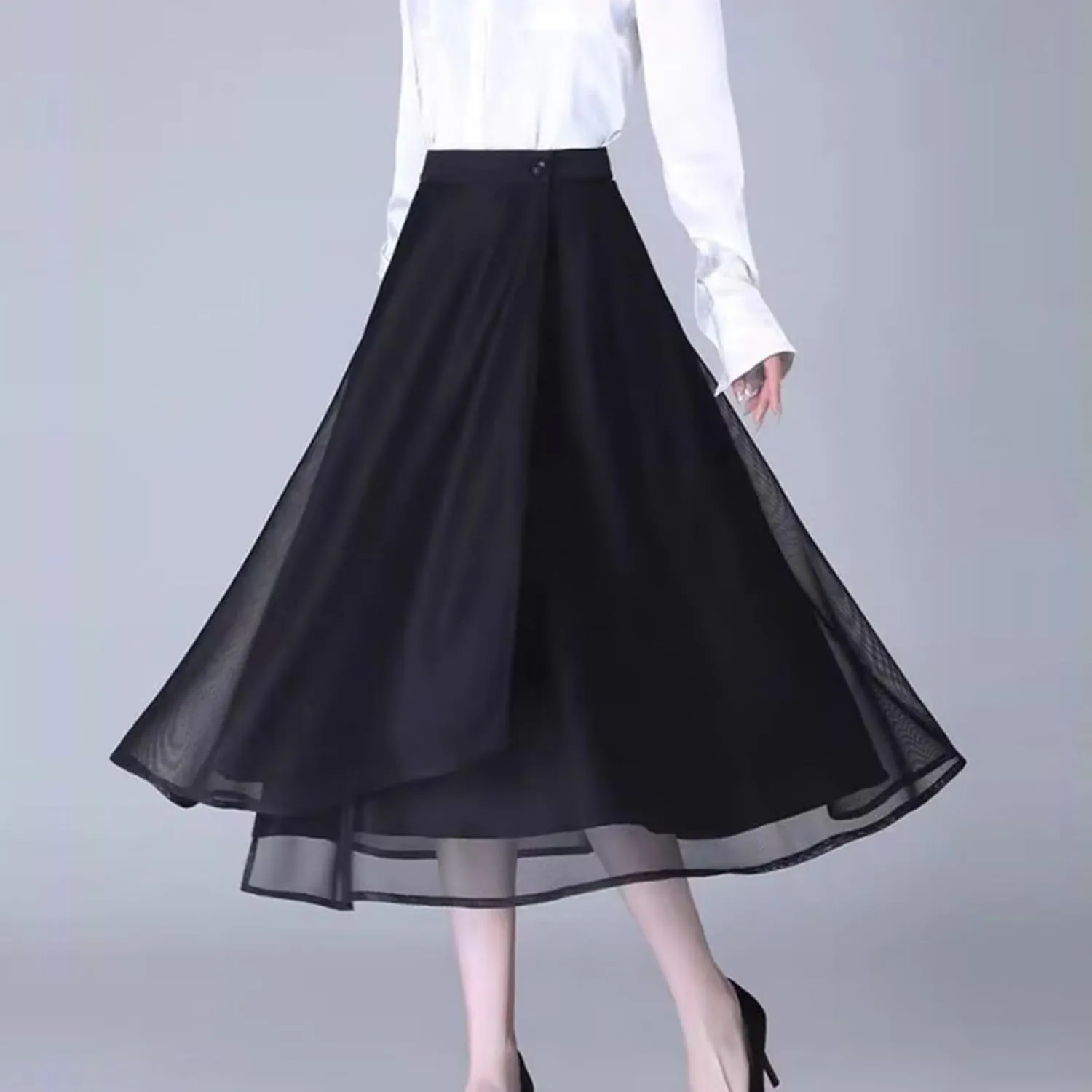 Women's Elegant Work Wear Wrap Skirt Casual High Waisted Button Midi Skirts Vintage A line Double Layered Mesh Skirt