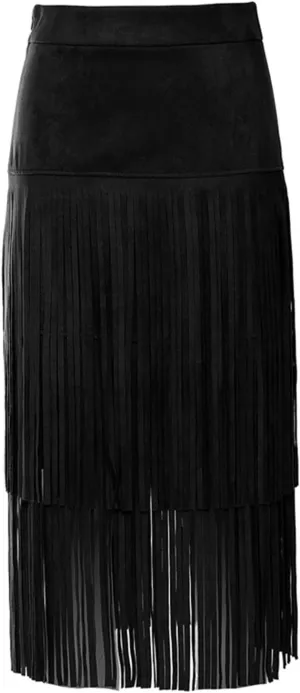 Women's Faux Suede Fringe Skirt High Waisted Casual A-Line Layered Tassel Skirt for Fall Winter Y2K Streetwear