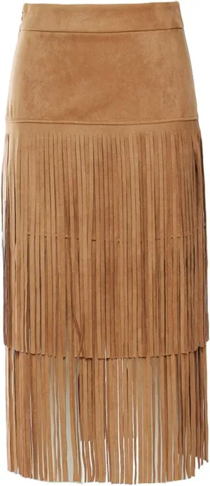 Women's Faux Suede Fringe Skirt High Waisted Casual A-Line Layered Tassel Skirt for Fall Winter Y2K Streetwear