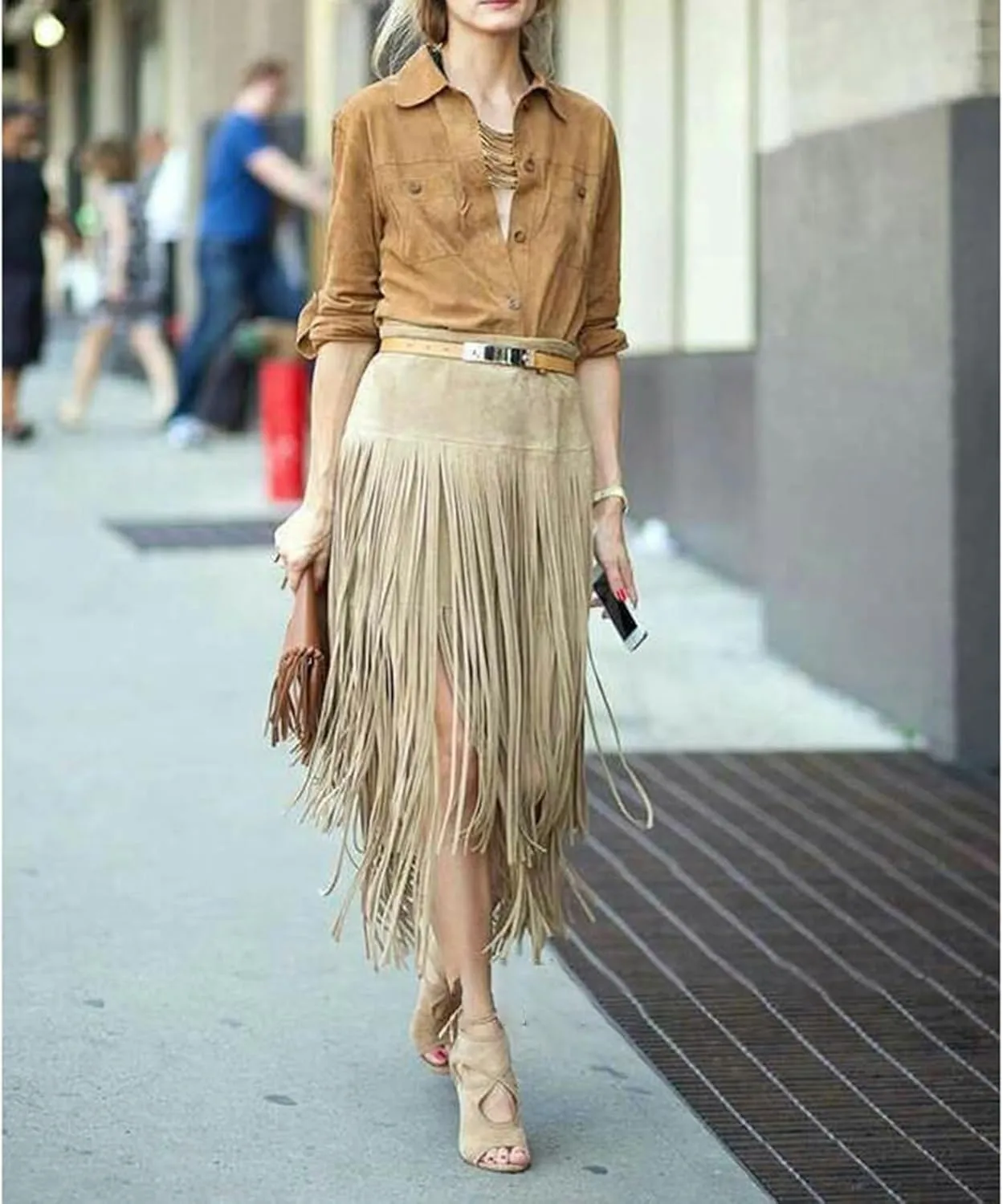 Women's Faux Suede Fringe Skirt High Waisted Casual A-Line Layered Tassel Skirt for Fall Winter Y2K Streetwear