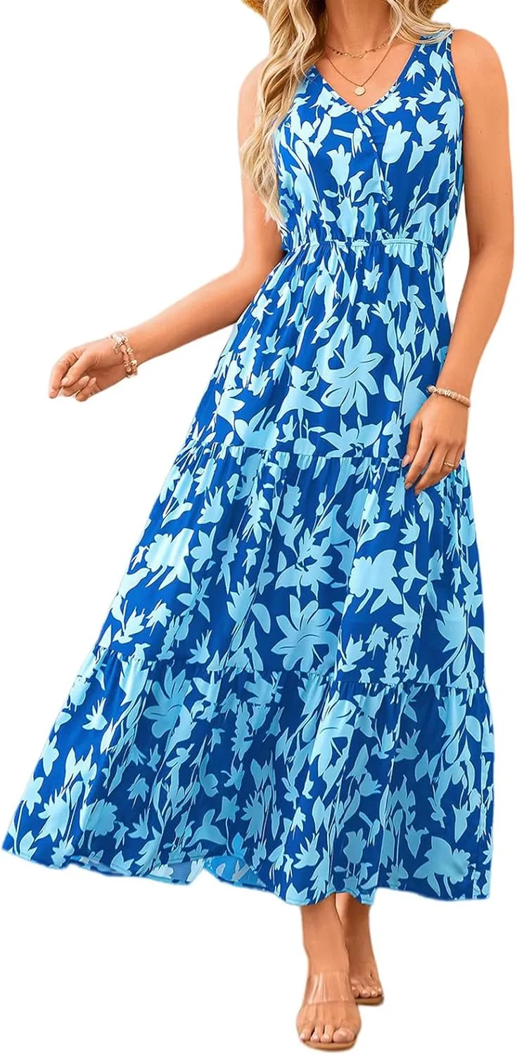 Women's Floral Dress V-Neck Sleeveless Print Flowy Swing Maxi Dresses Summer A Line Elastic Waist Elegant Dress