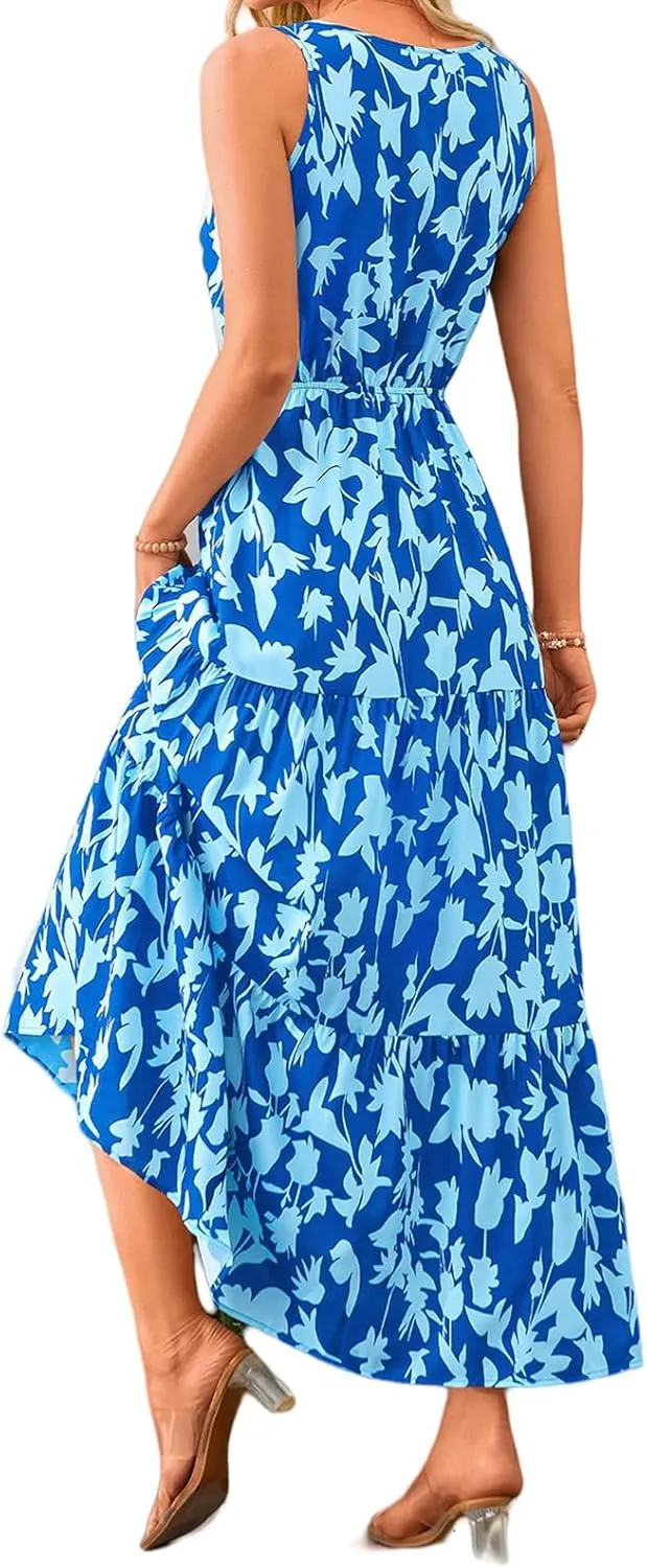 Women's Floral Dress V-Neck Sleeveless Print Flowy Swing Maxi Dresses Summer A Line Elastic Waist Elegant Dress