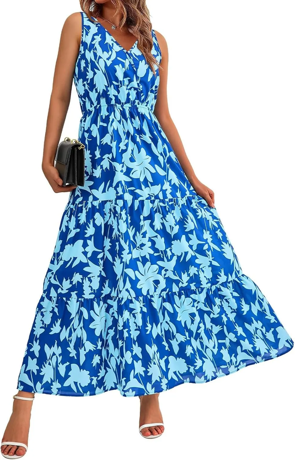 Women's Floral Dress V-Neck Sleeveless Print Flowy Swing Maxi Dresses Summer A Line Elastic Waist Elegant Dress