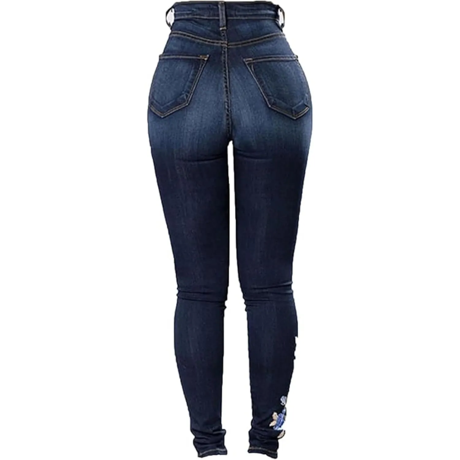 Women's Floral Embroidered Stretch Jeans High Waist Slim Denim Pants Butt Lifting Skinny Stretch Jean Trouser (Blue,X-Large)