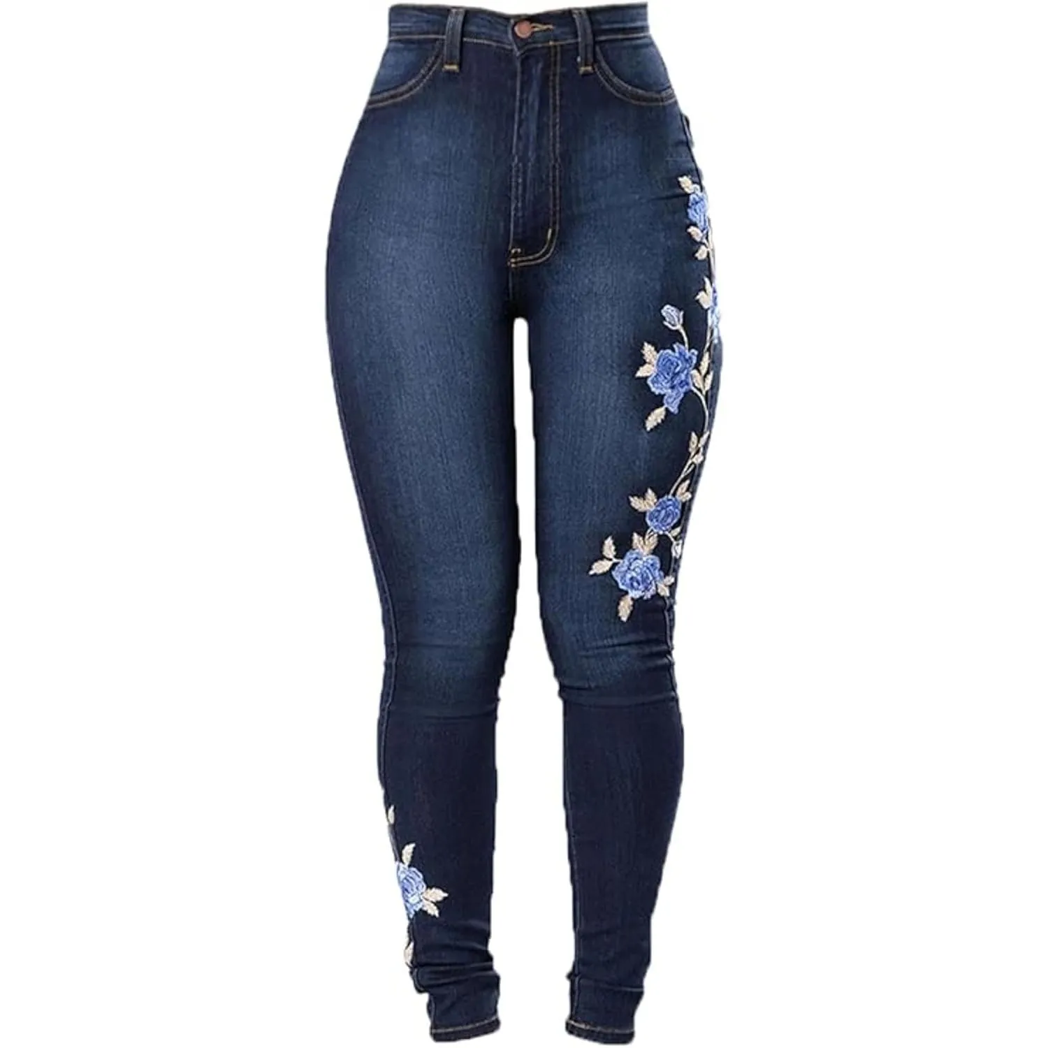 Women's Floral Embroidered Stretch Jeans High Waist Slim Denim Pants Butt Lifting Skinny Stretch Jean Trouser (Blue,X-Large)