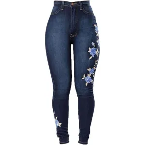 Women's Floral Embroidered Stretch Jeans High Waist Slim Denim Pants Butt Lifting Skinny Stretch Jean Trouser (Blue,X-Large)