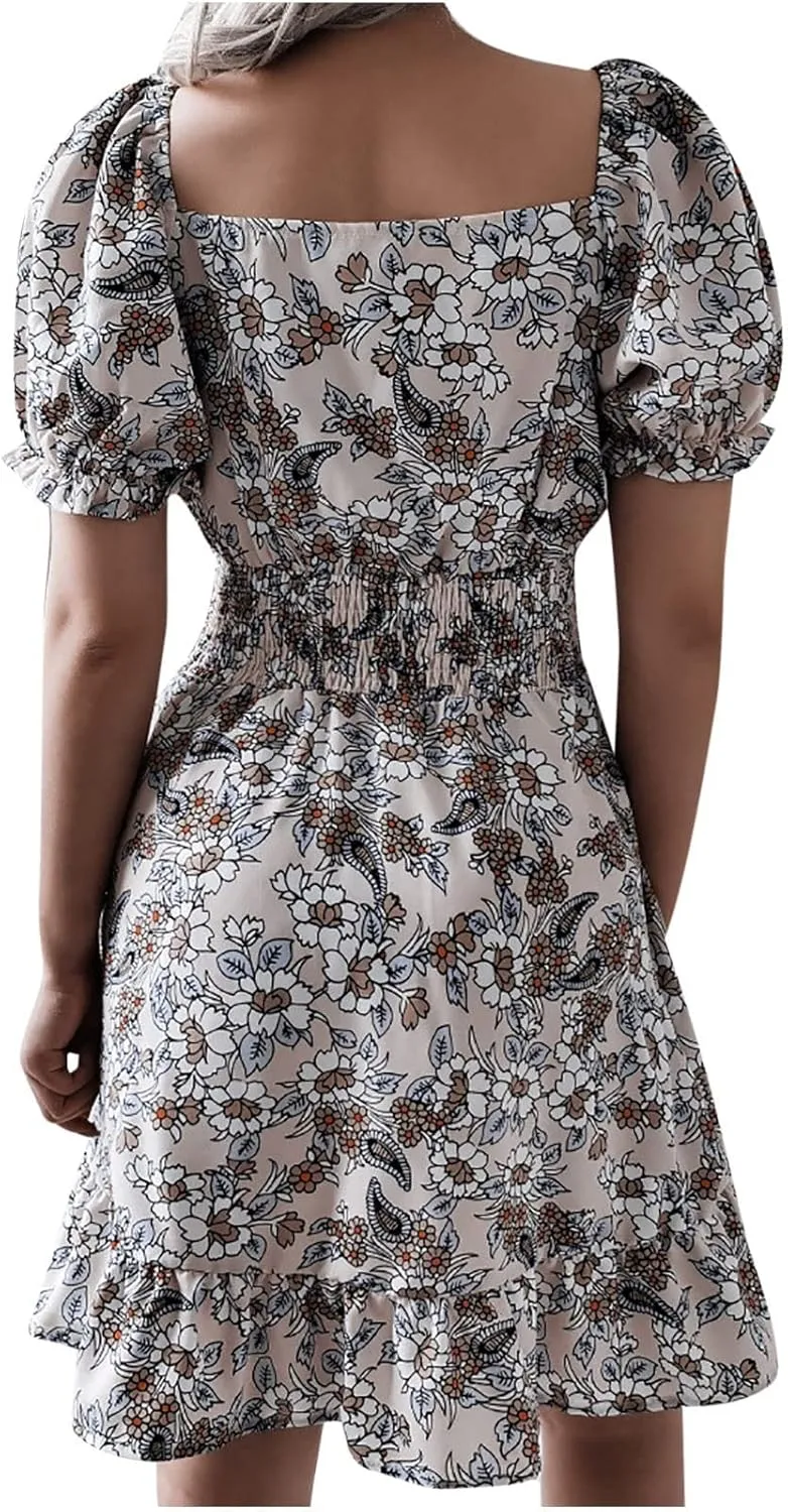 Women's Floral Mini Dress Empire Waist Ruffle Flowy Dresses Casual Short Sleeve Scoopneck Dress