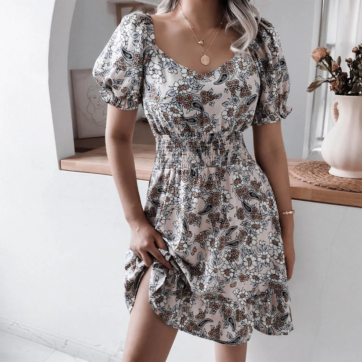 Women's Floral Mini Dress Empire Waist Ruffle Flowy Dresses Casual Short Sleeve Scoopneck Dress