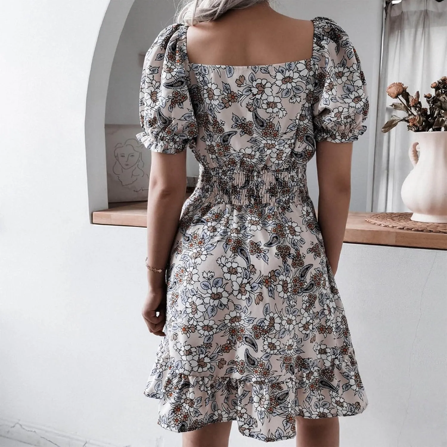 Women's Floral Mini Dress Empire Waist Ruffle Flowy Dresses Casual Short Sleeve Scoopneck Dress