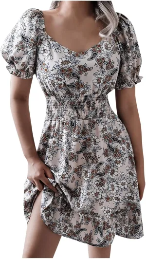 Women's Floral Mini Dress Empire Waist Ruffle Flowy Dresses Casual Short Sleeve Scoopneck Dress