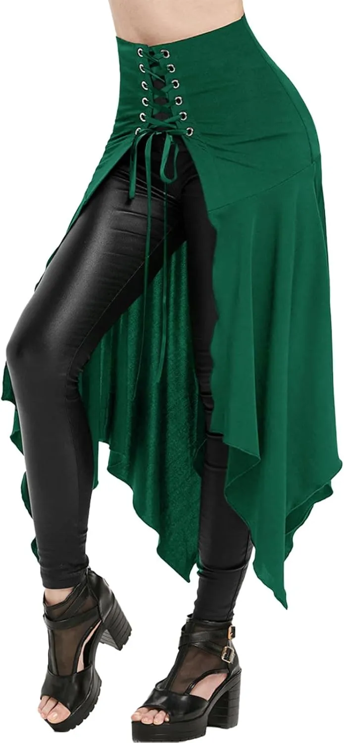 Womens Halloween Skirts Casual Irregular Stitching Strappy Skirts Bandage Tie Waist Flowy Pleated Midi Skirts