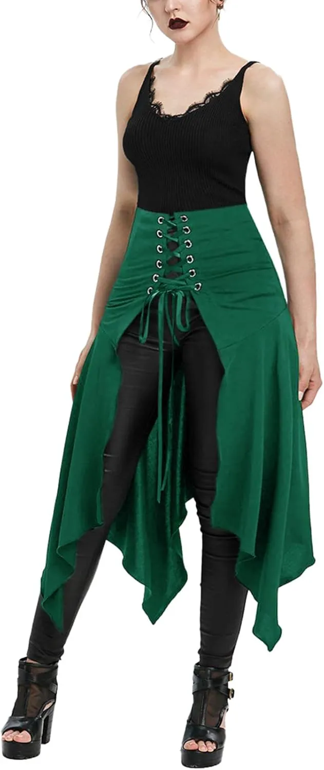 Womens Halloween Skirts Casual Irregular Stitching Strappy Skirts Bandage Tie Waist Flowy Pleated Midi Skirts