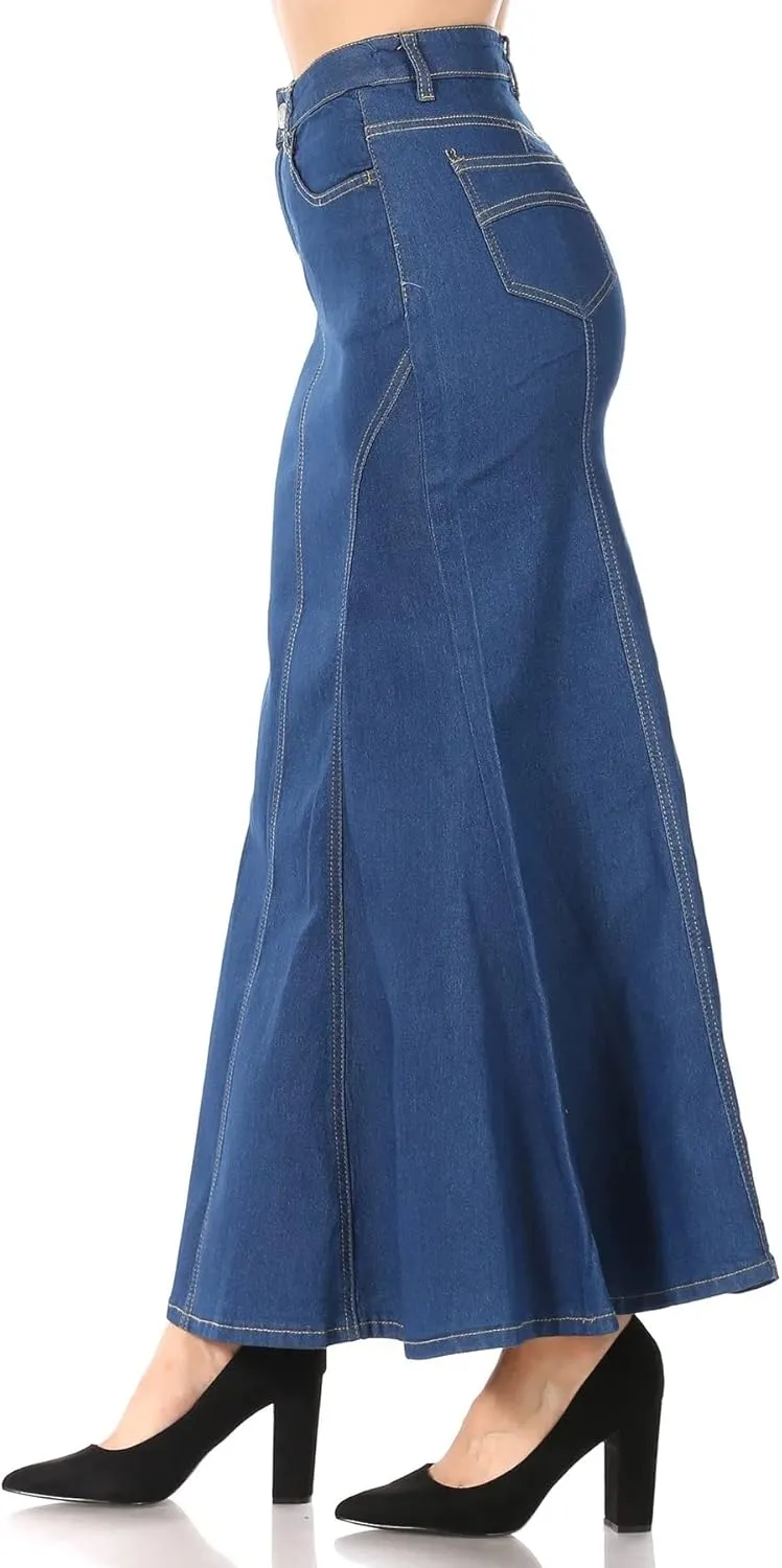 Women's Juniors/Plus Size Mermaid Shape Stretch Denim Maxi Skirt (87950)