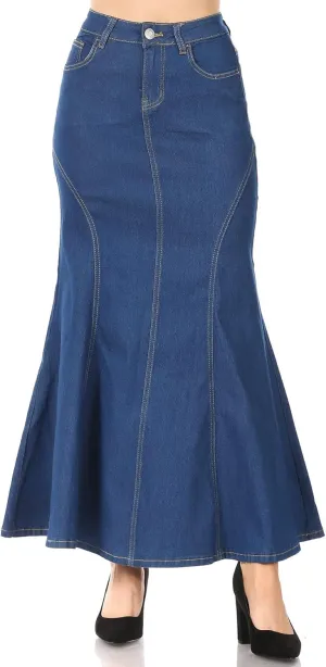 Women's Juniors/Plus Size Mermaid Shape Stretch Denim Maxi Skirt (87950)