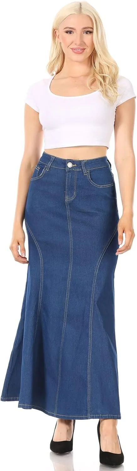 Women's Juniors/Plus Size Mermaid Shape Stretch Denim Maxi Skirt (87950)