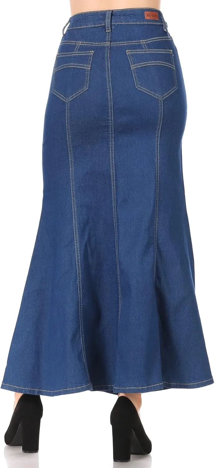Women's Juniors/Plus Size Mermaid Shape Stretch Denim Maxi Skirt (87950)