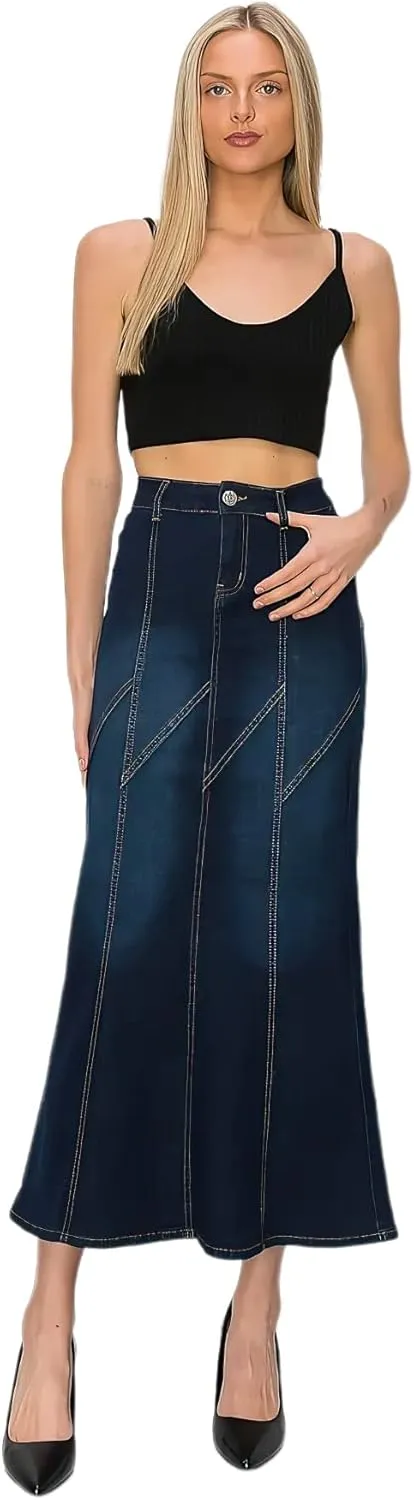 Women's Juniors/Plus Size Stretch Denim Long Mermaid Silhouette Skirt (87954)