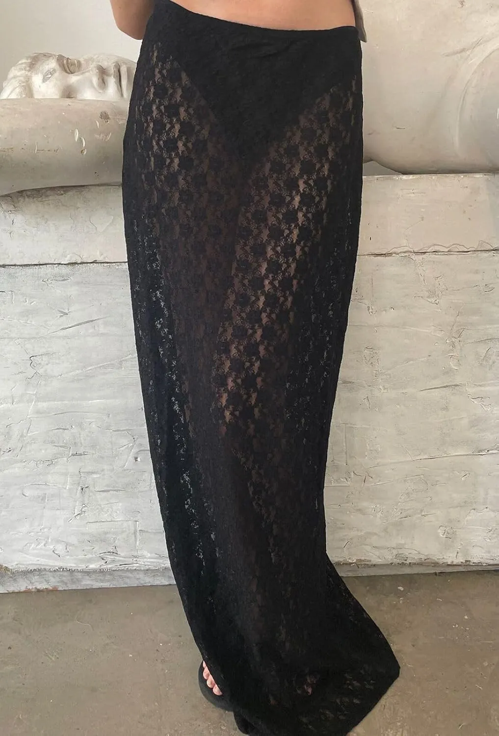 Womens Lace Maxi Skirt Y2k High Waist Sheer Mesh Midi Skirt Sexy See Through Cover Up Long Skirt Streetwear