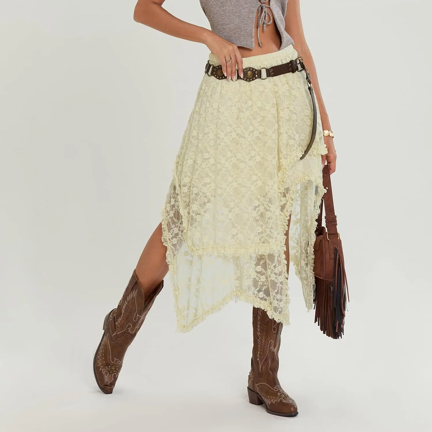 Womens Lace Maxi Skirt Y2k High Waist Sheer Mesh Midi Skirt Sexy See Through Cover Up Long Skirt Streetwear