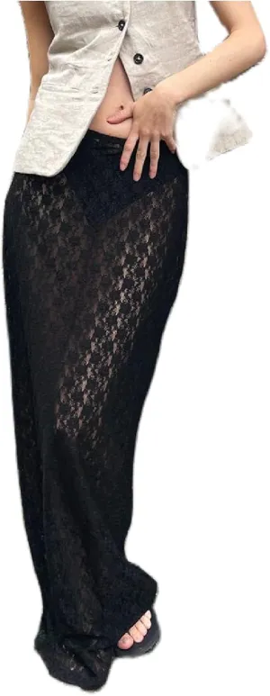Womens Lace Maxi Skirt Y2k High Waist Sheer Mesh Midi Skirt Sexy See Through Cover Up Long Skirt Streetwear