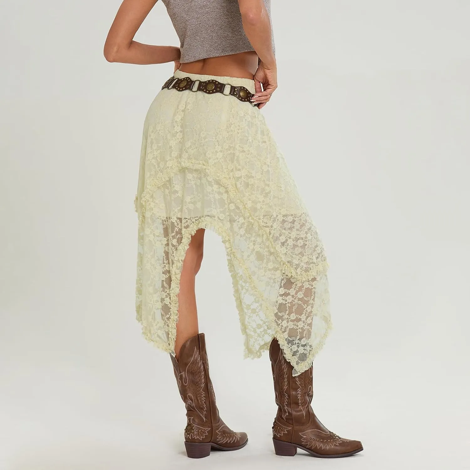 Womens Lace Maxi Skirt Y2k High Waist Sheer Mesh Midi Skirt Sexy See Through Cover Up Long Skirt Streetwear