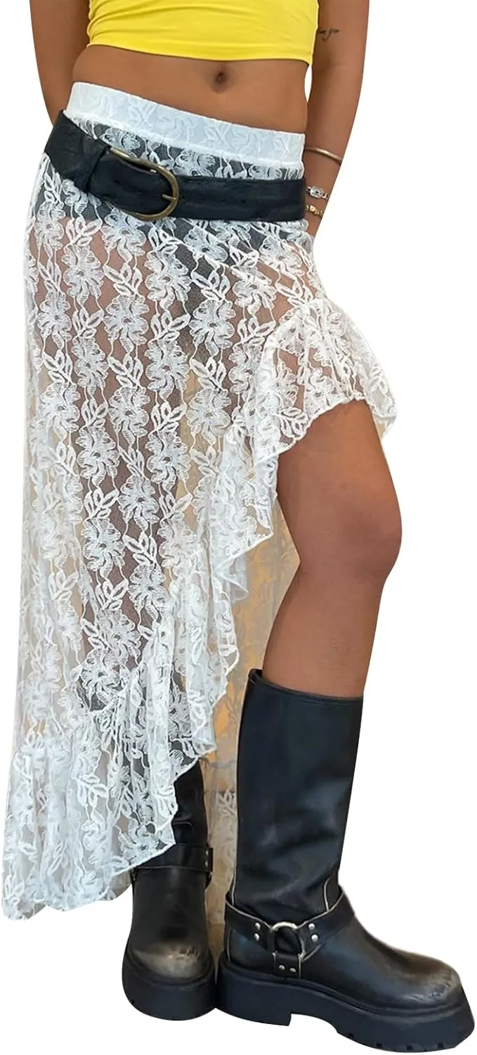 Womens Lace Maxi Skirt Y2k High Waist Sheer Mesh Midi Skirt Sexy See Through Cover Up Long Skirt Streetwear