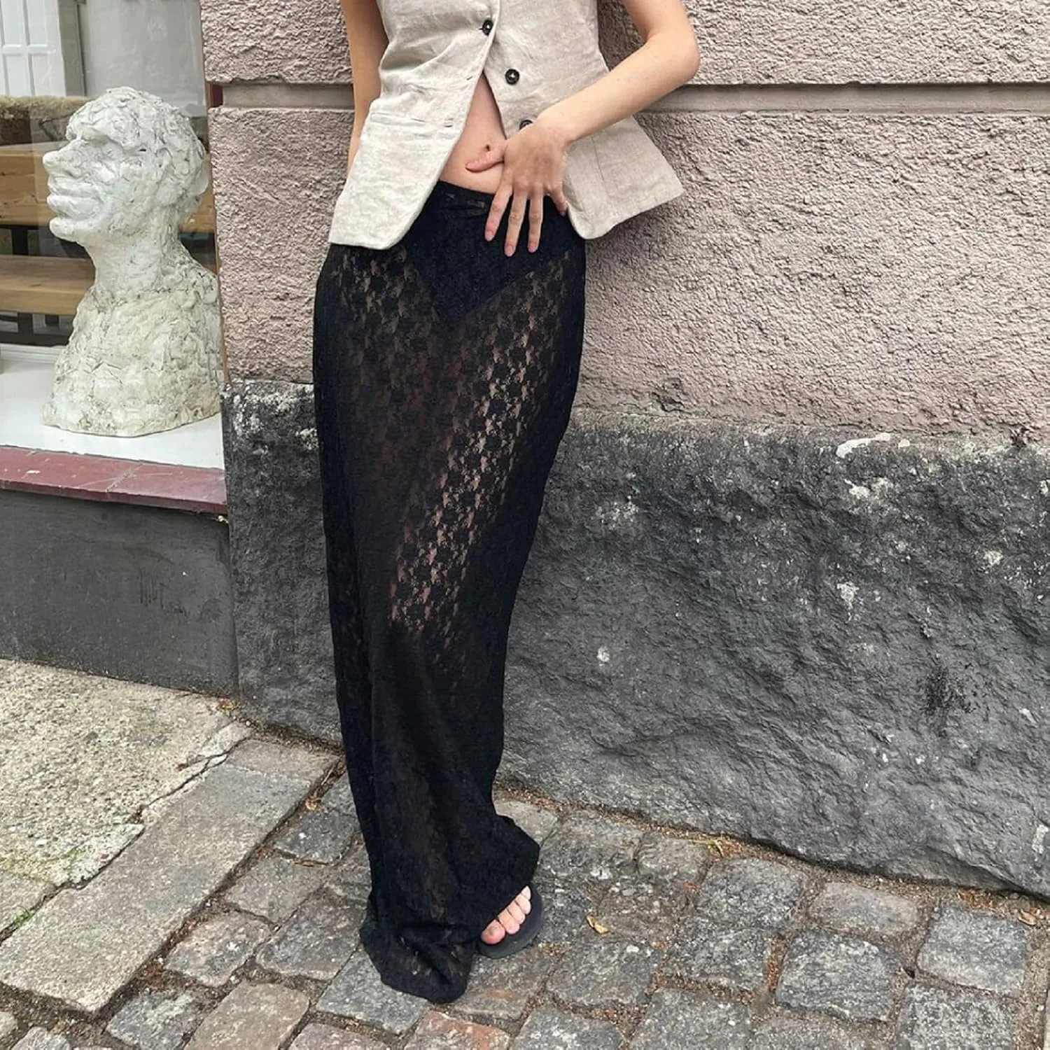 Womens Lace Maxi Skirt Y2k High Waist Sheer Mesh Midi Skirt Sexy See Through Cover Up Long Skirt Streetwear