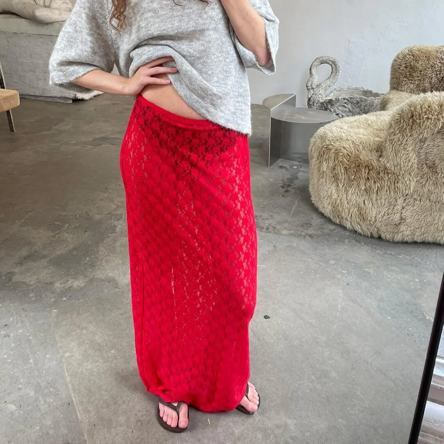Womens Lace Maxi Skirt Y2k High Waist Sheer Mesh Midi Skirt Sexy See Through Cover Up Long Skirt Streetwear