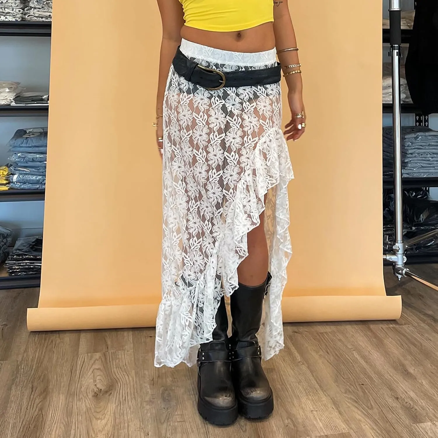 Womens Lace Maxi Skirt Y2k High Waist Sheer Mesh Midi Skirt Sexy See Through Cover Up Long Skirt Streetwear