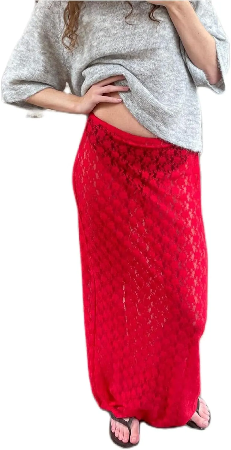 Womens Lace Maxi Skirt Y2k High Waist Sheer Mesh Midi Skirt Sexy See Through Cover Up Long Skirt Streetwear
