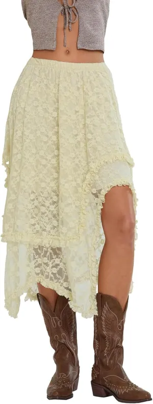 Womens Lace Maxi Skirt Y2k High Waist Sheer Mesh Midi Skirt Sexy See Through Cover Up Long Skirt Streetwear