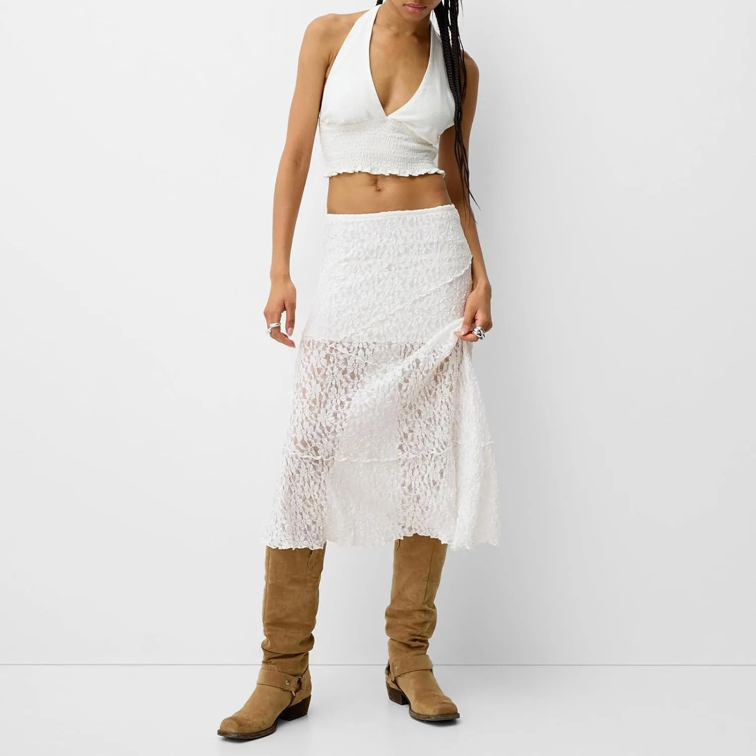 Womens Lace Maxi Skirt Y2k High Waist Sheer Mesh Midi Skirt Sexy See Through Cover Up Long Skirt Streetwear