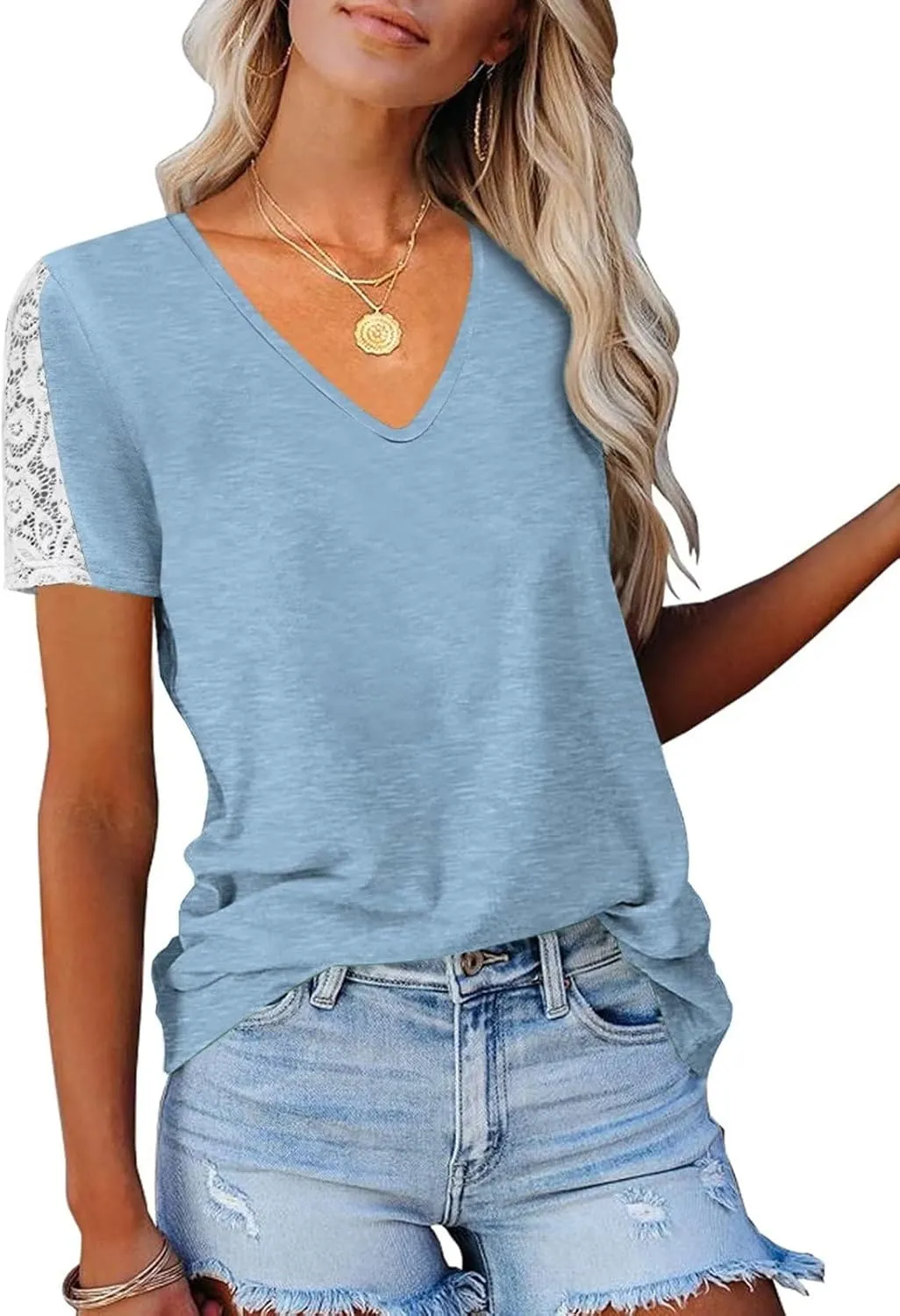 Womens Lace Short Sleeve V Neck T Shirts Summer Casual Tops Loose Fit Tees Blouses