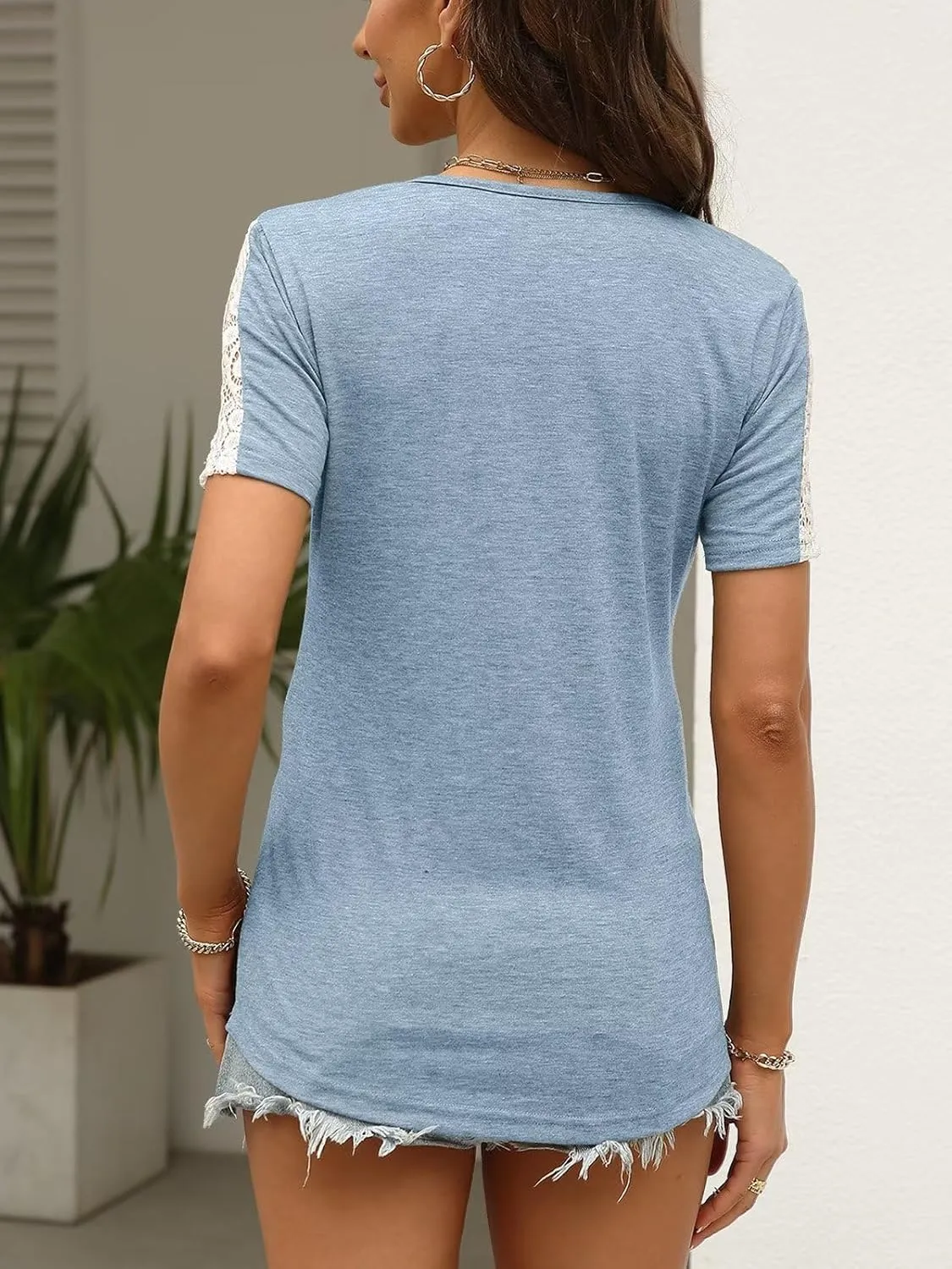 Womens Lace Short Sleeve V Neck T Shirts Summer Casual Tops Loose Fit Tees Blouses