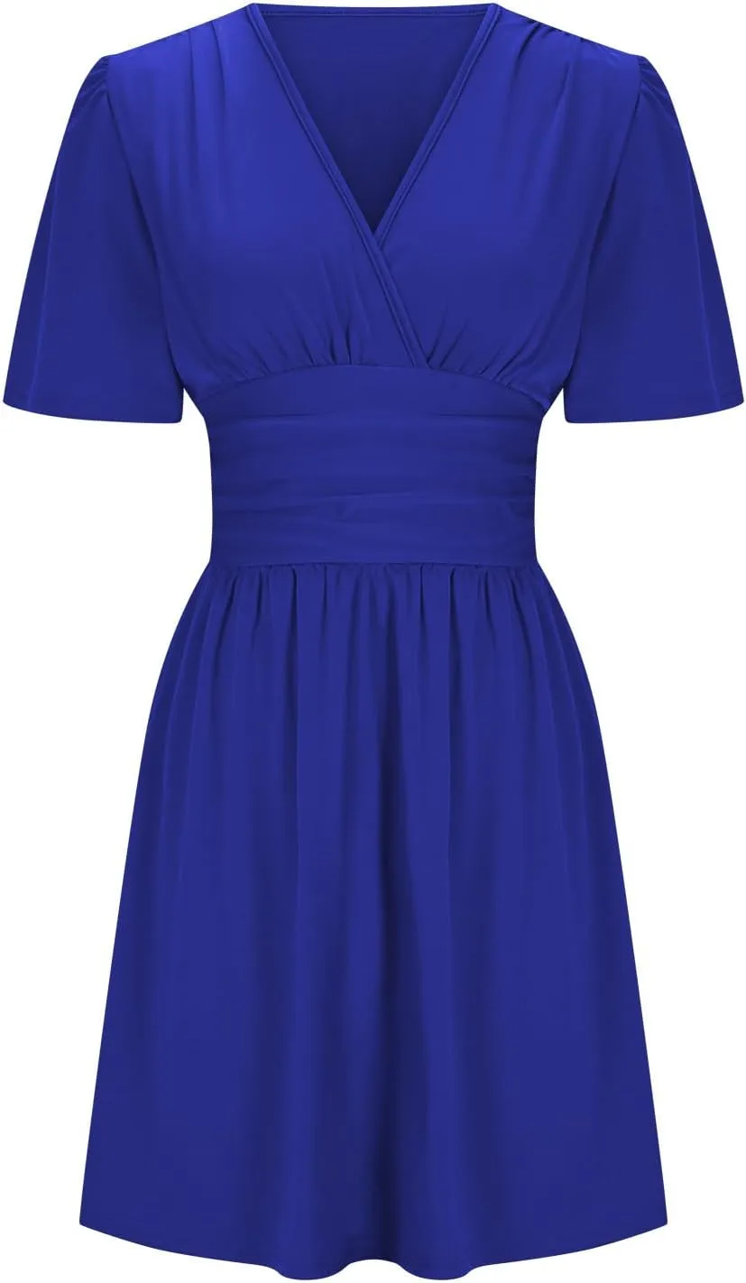 Womens Mini Dress Casual Ruffle Short Sleeve Knee Length Dresses Sexy Plunging V Neck Ruched Waist Flared Sundress