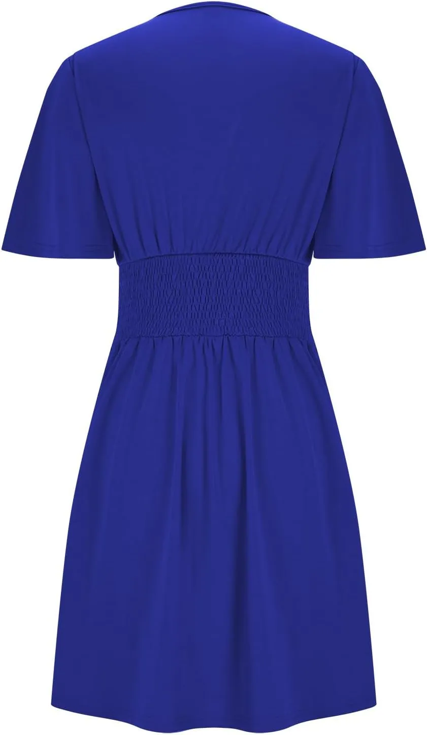Womens Mini Dress Casual Ruffle Short Sleeve Knee Length Dresses Sexy Plunging V Neck Ruched Waist Flared Sundress