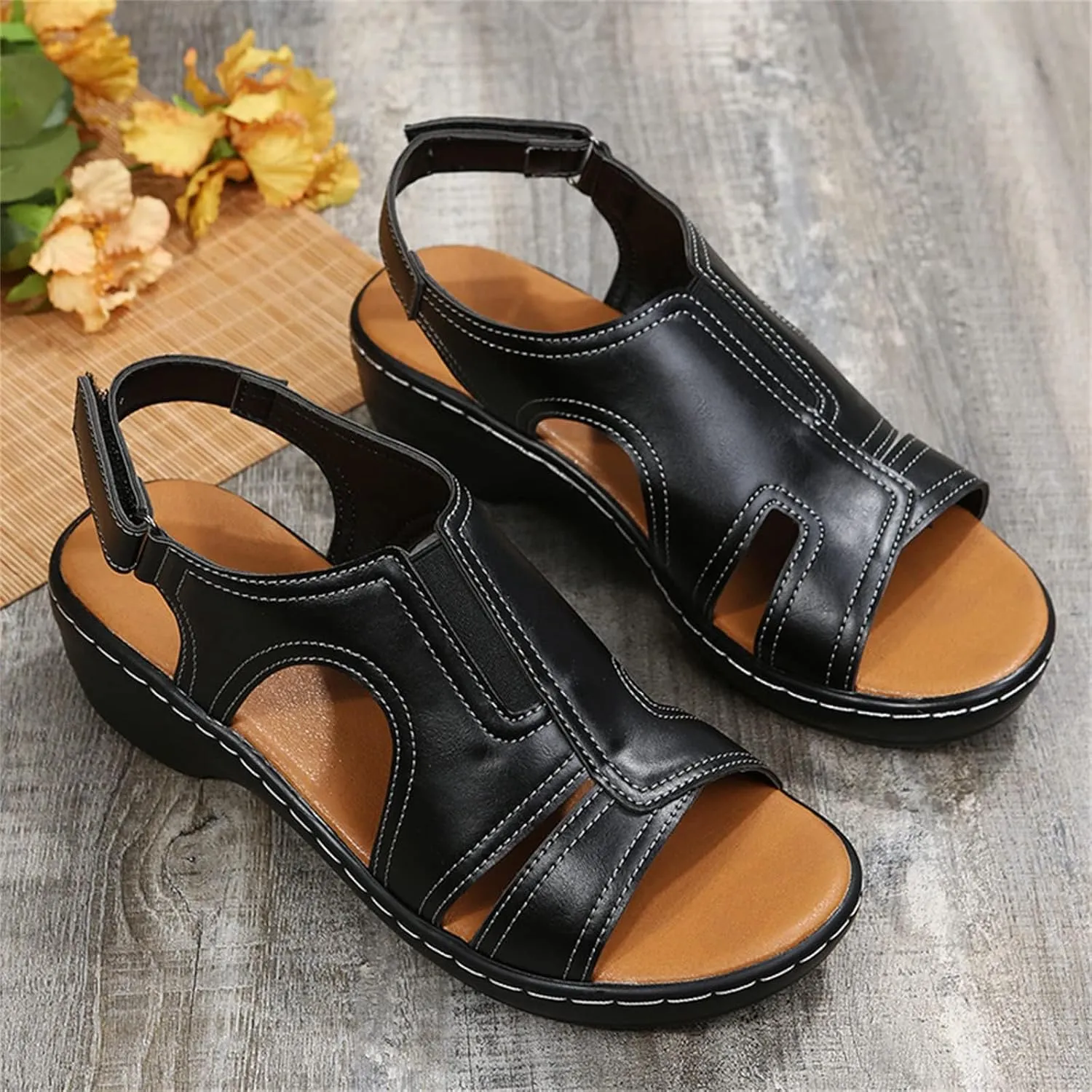 Women's Orthopedic Sandals Casual Walking Shoes Open Toe Soft Sandals Wide Width Non-Slip Shoes, Hollow Out Orthotic Sandal with Arch Support, Breathable Lightweight